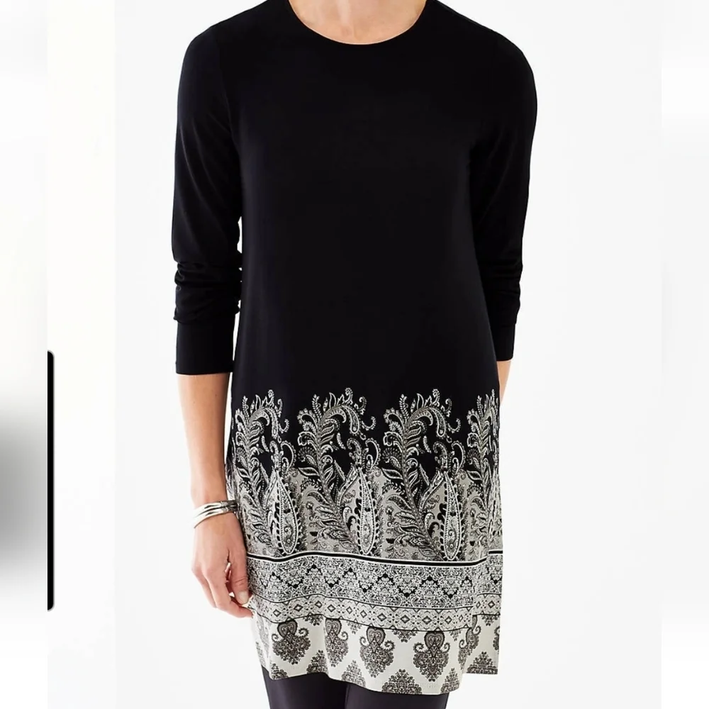 J. Jill Wearever Medallion Border Print Tunic Top Black White Medium